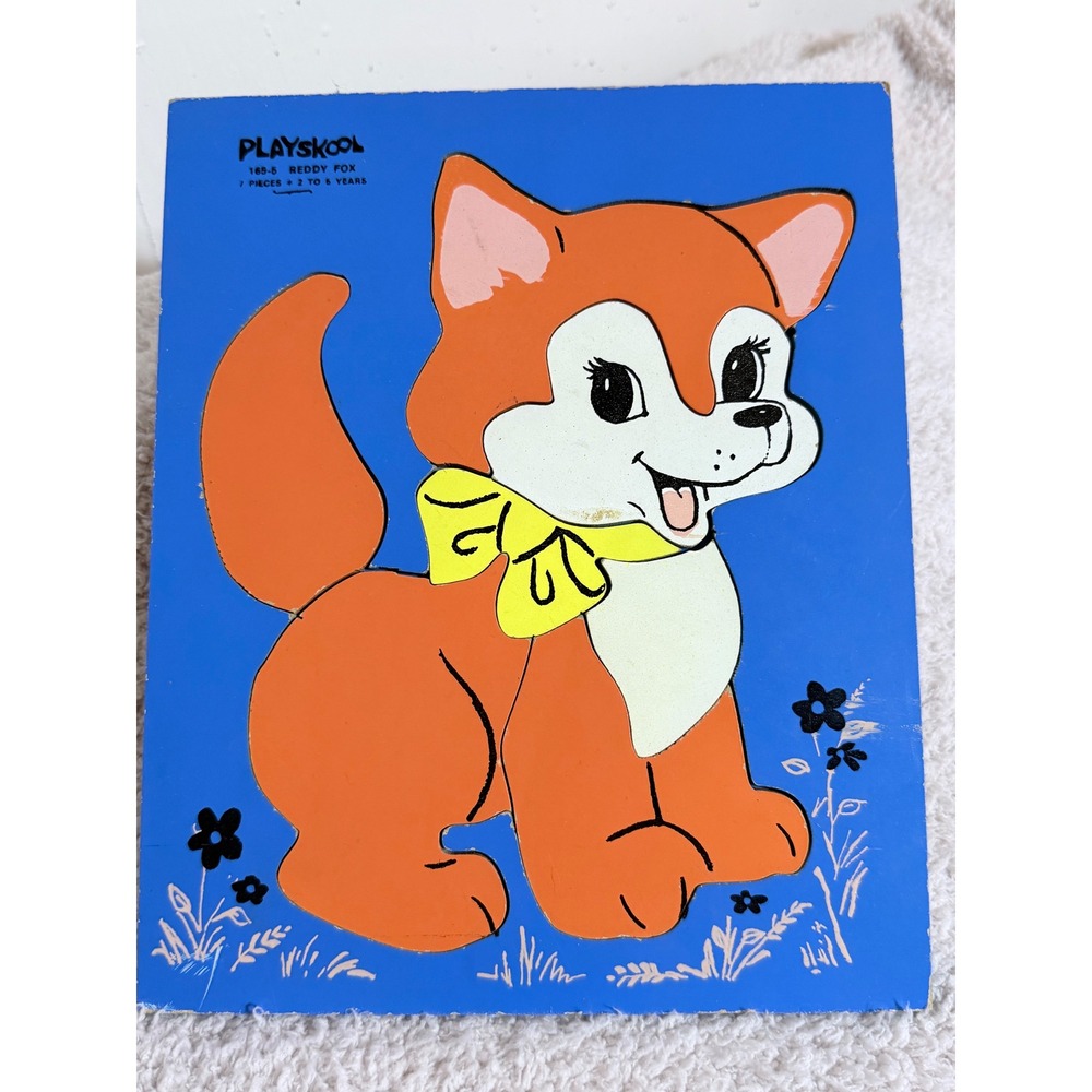 Vintage Playskool Reddy Fox Wooden Inlay Puzzle 165-5 7 Piece Retro Toy